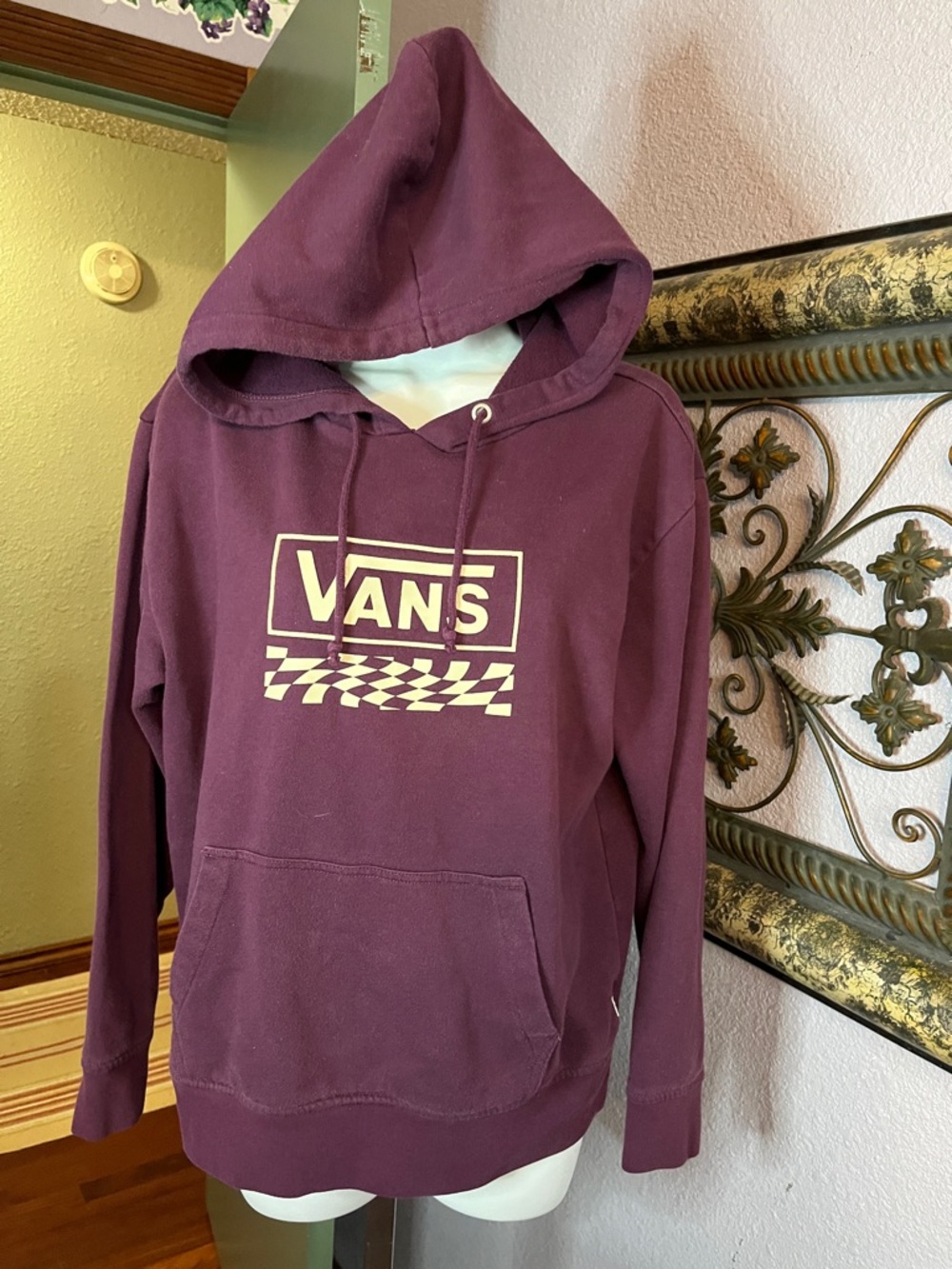 Vans Maroon Crewneck Hoodie with Checkerboard Logo Sz S